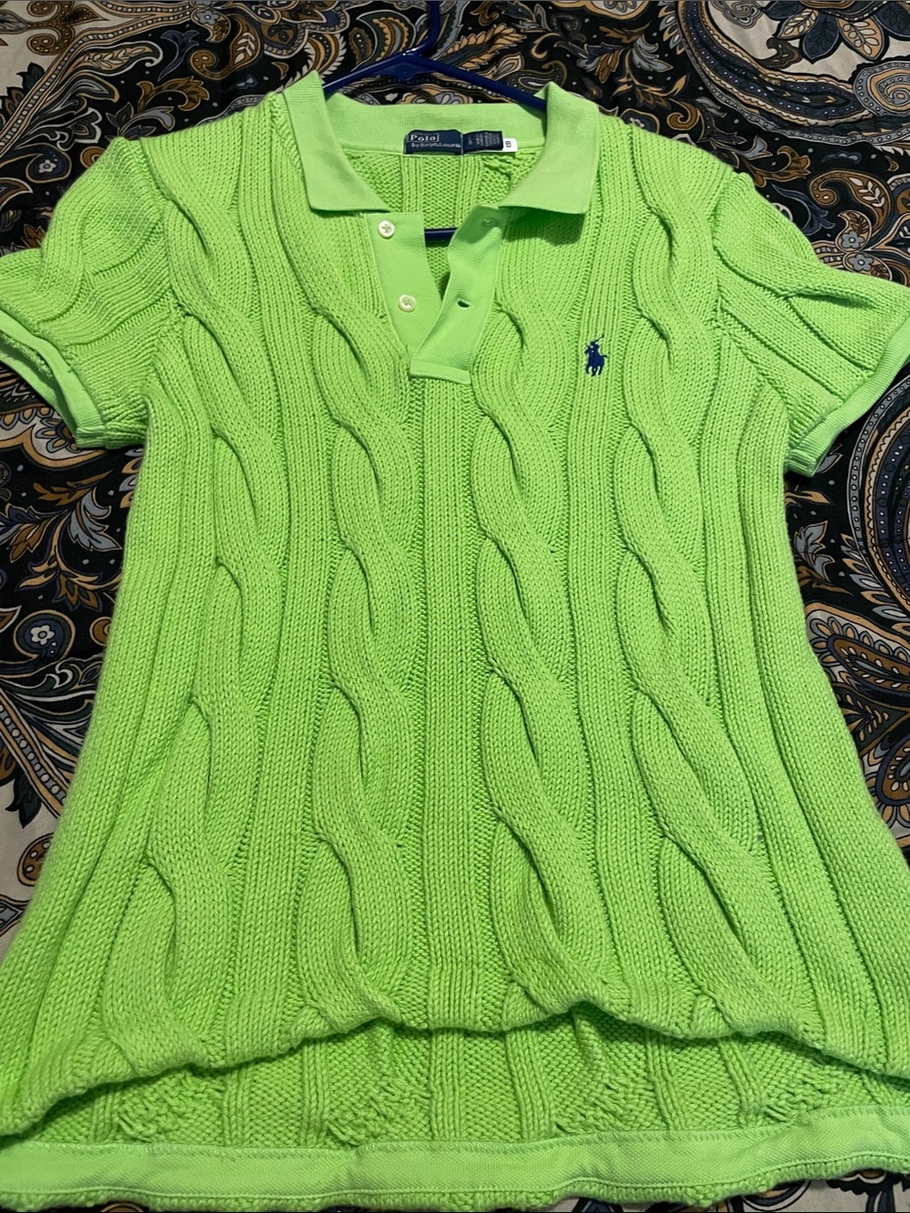 Women Polo by Ralph Lauren Neon Lime Cable-Knit Polo Sweater L